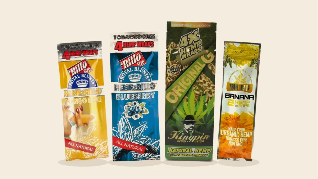 Geriausi bluntai ir cigarilės 2026: Hemparillo Mango Haze, Hemparillo Blueberry, Kingpin Original ir True Hemp Banana